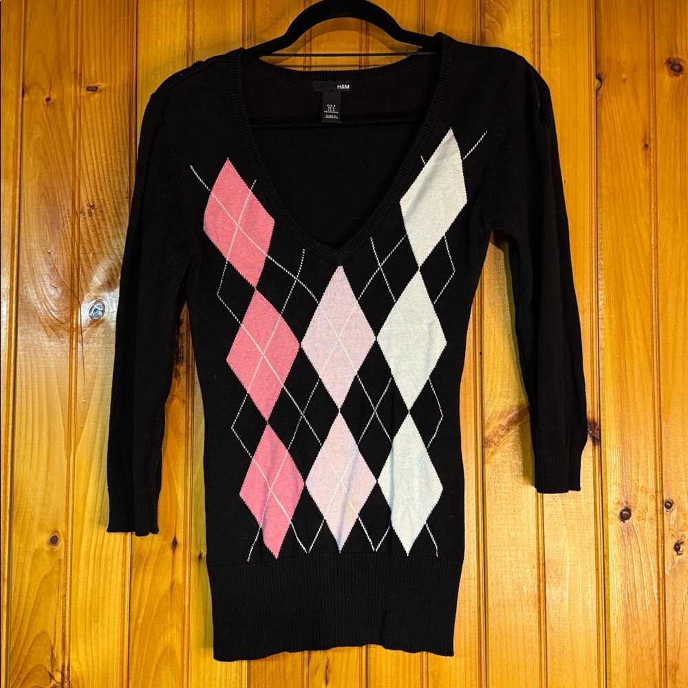 H&M Black V-Neck Sweater with Argyle Design